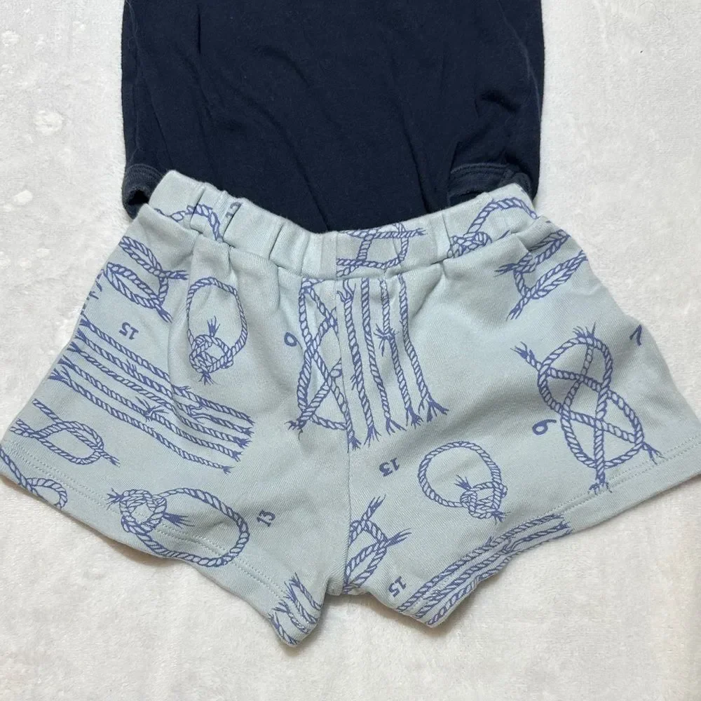 EUC The Beaufort Bonnet Co. nautical shorts & Blue Rooster pocket onesie 12/18mo
